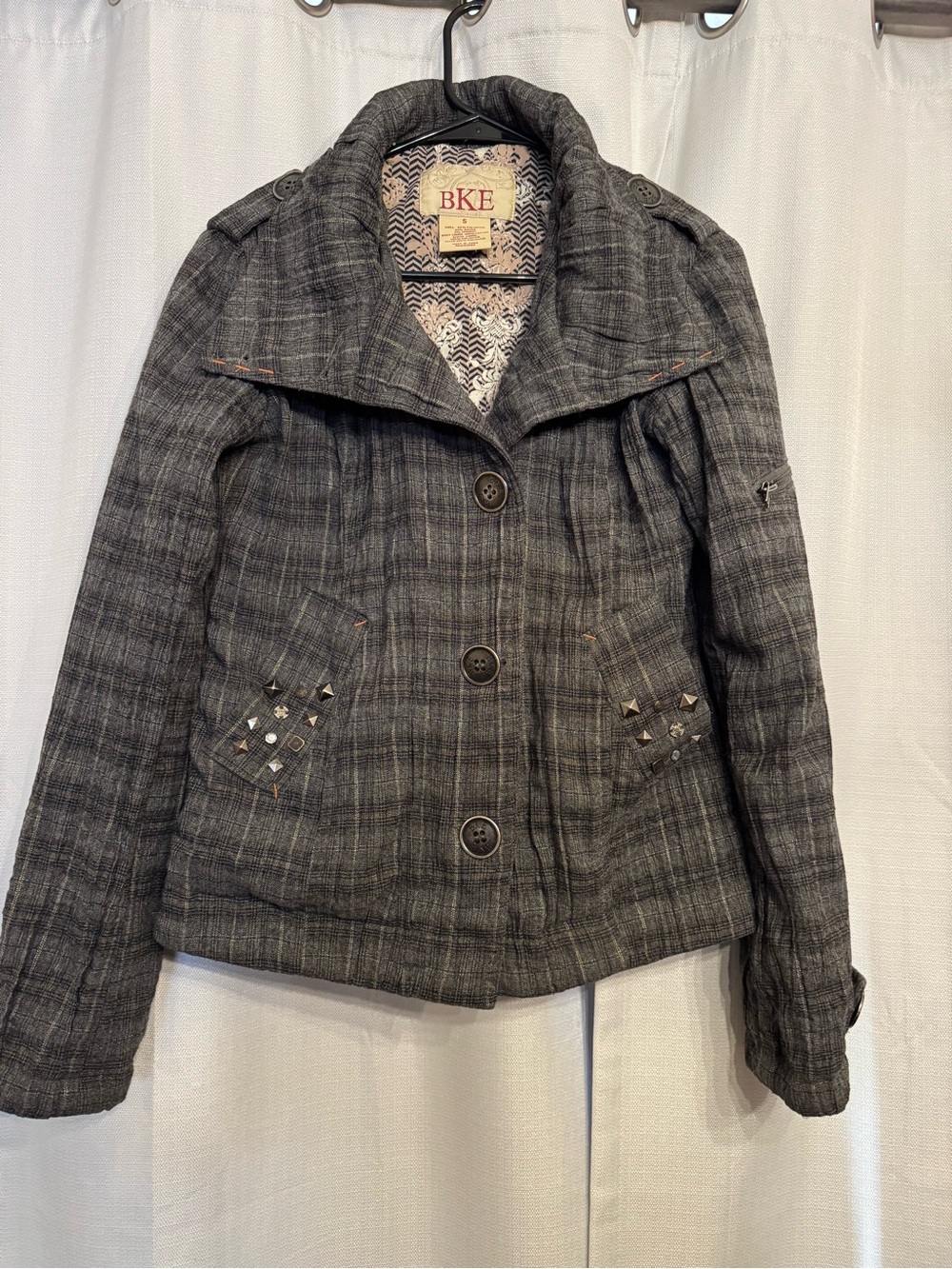 Vintage Y2K BKE Gray Plaid Stud-Accent Button Jacket